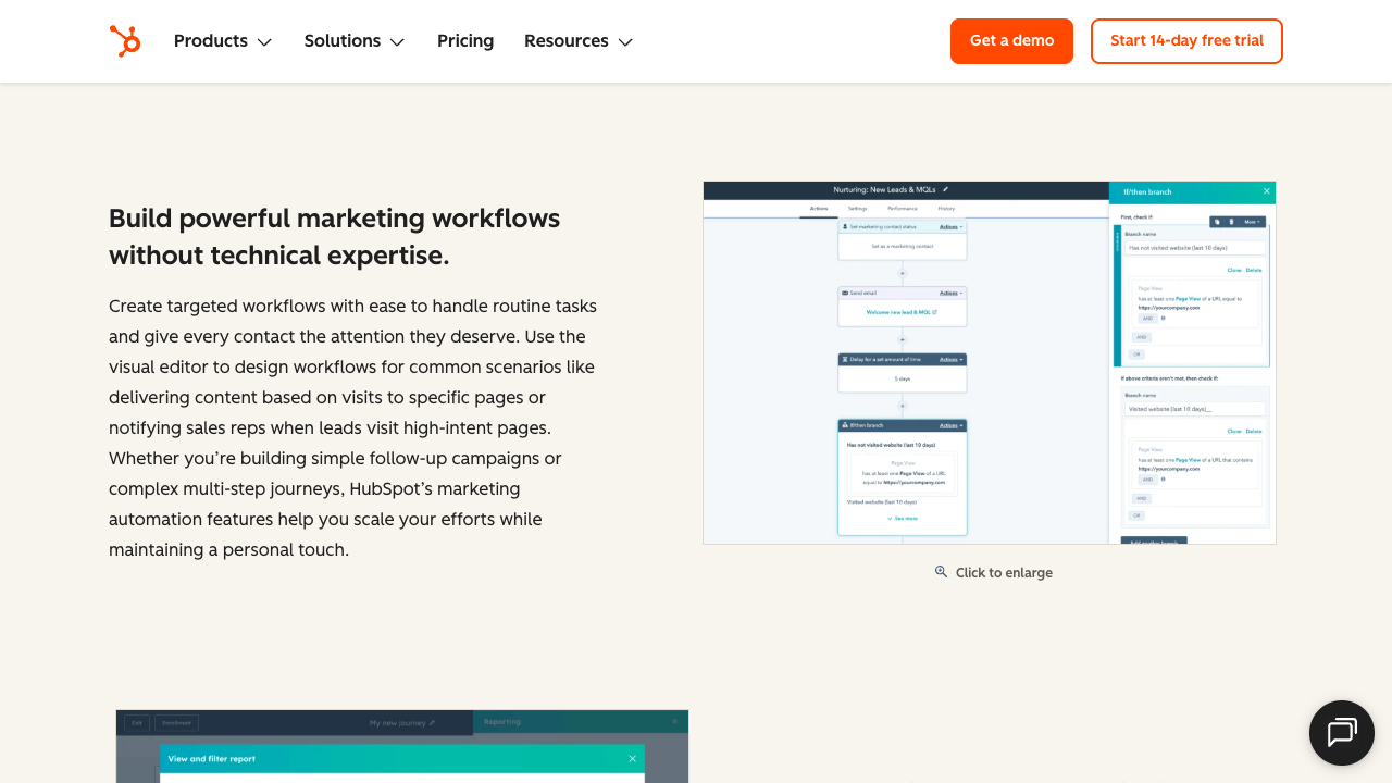 Capture publique de la page HubSpot montrant un workflow marketing avec étapes, délais et branche conditionnelle.