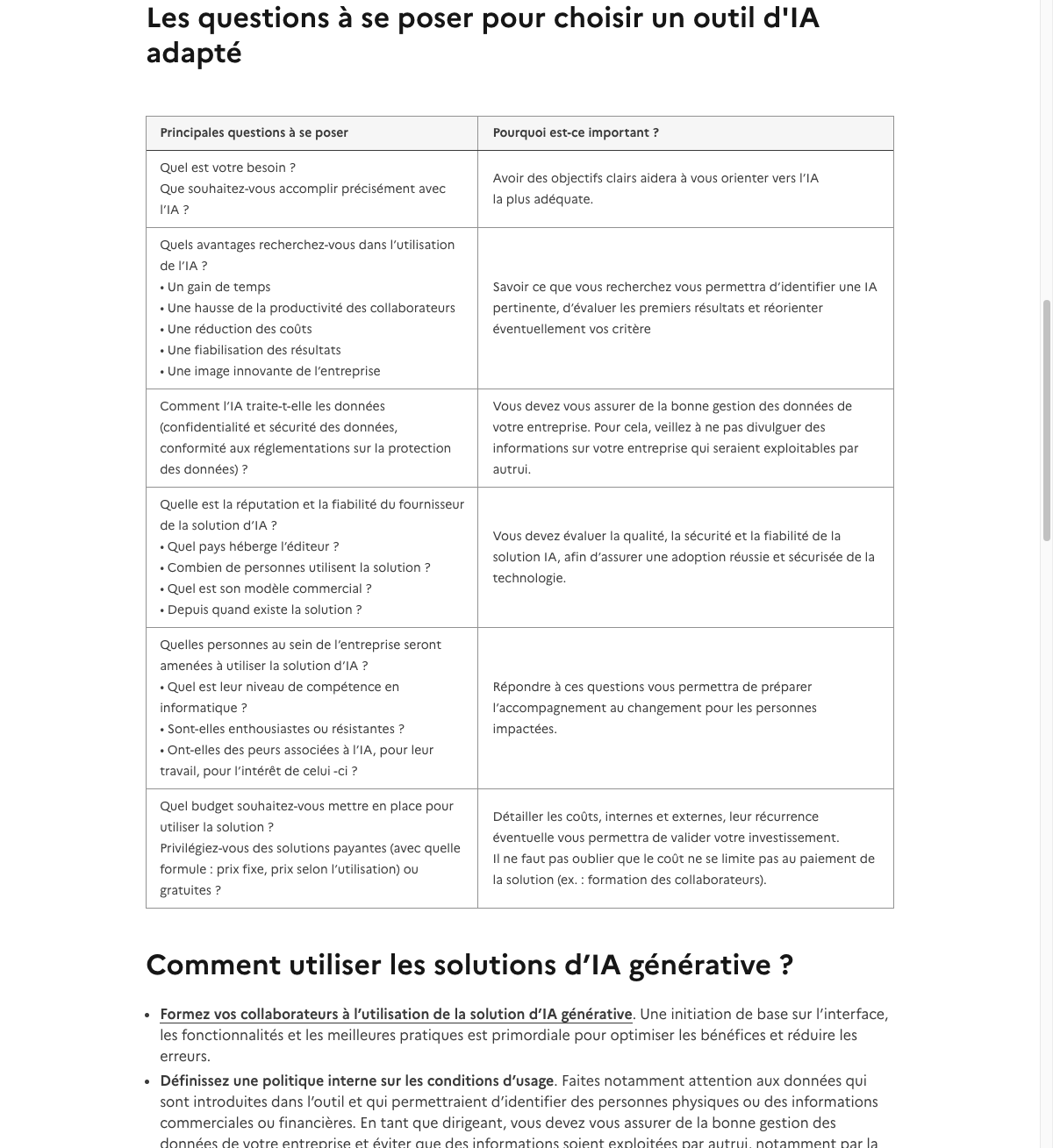 Capture publique de France Num montrant une table de critères pour choisir une solution d'intelligence artificielle.
