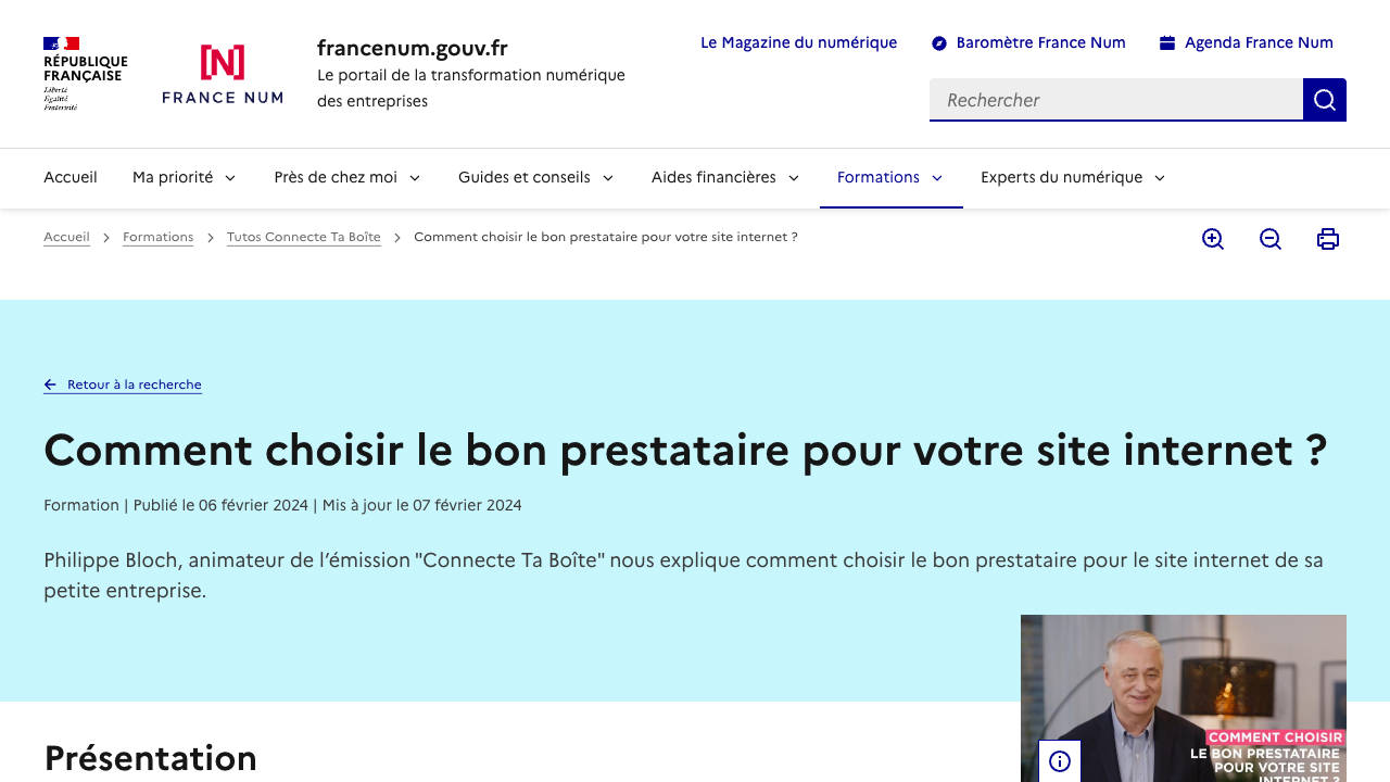 Capture publique d'un guide France Num sur le choix du bon prestataire pour un site internet