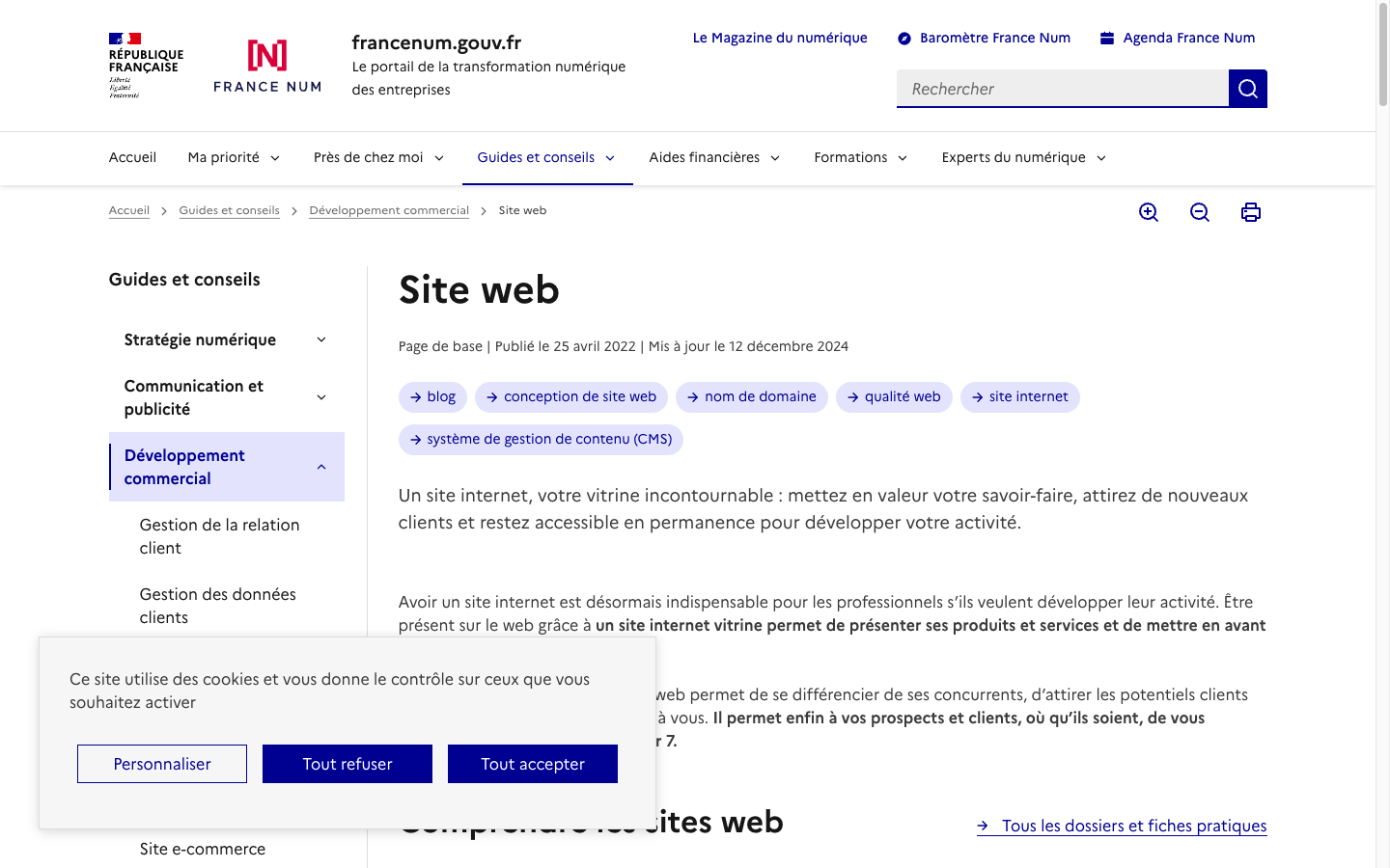 Capture du guide officiel France Num sur la création de site internet pour les TPE-PME