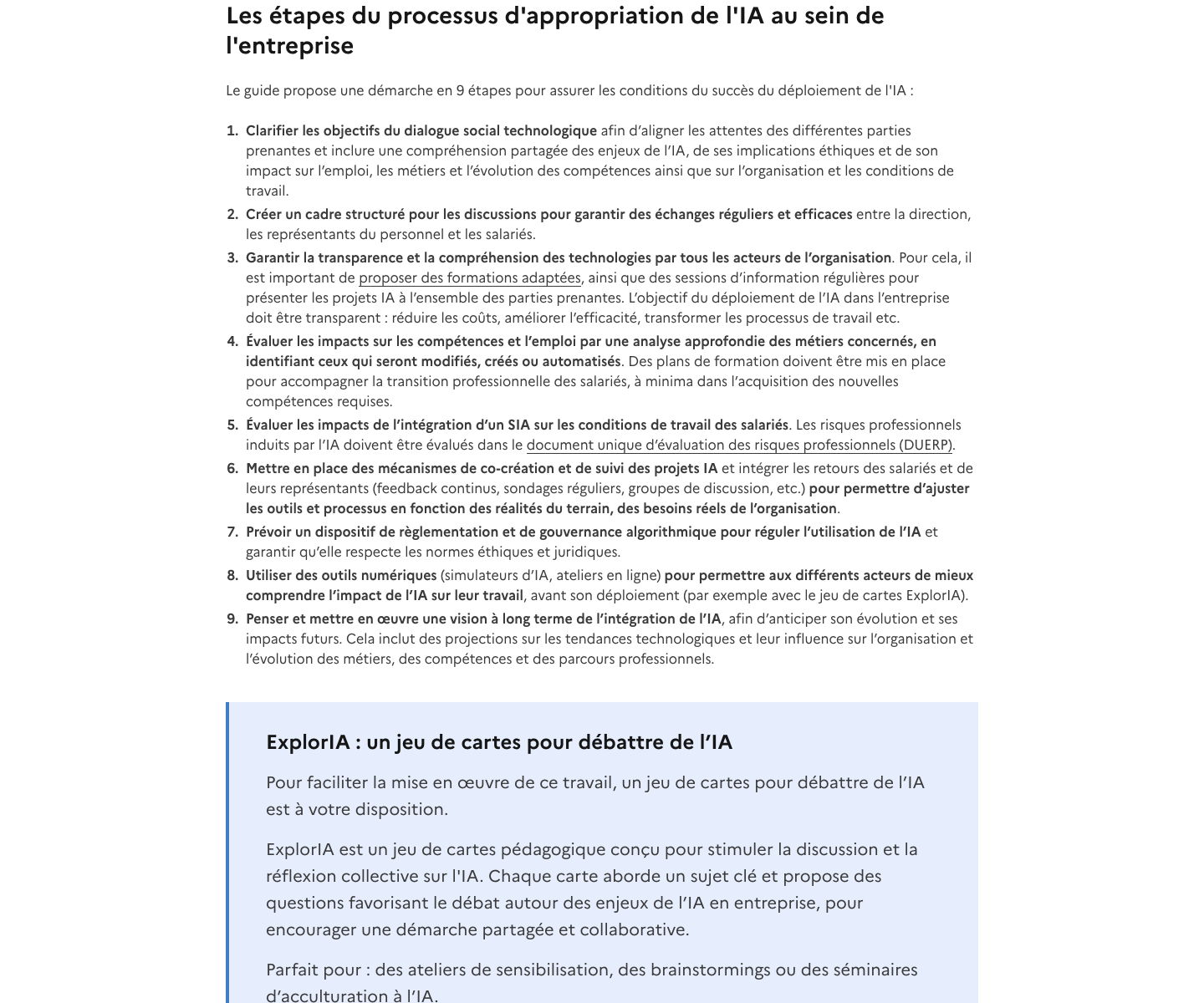 Capture publique de France Num présentant une démarche en 9 étapes pour déployer l'IA en entreprise, utilisée pour illustrer une méthode d'automatisation progressive pour les PME.