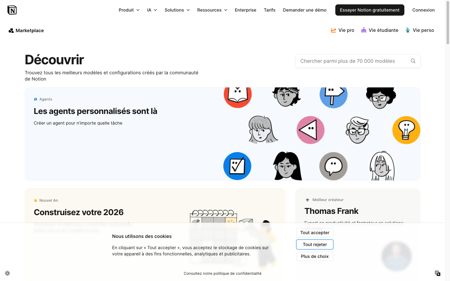 Capture publique de Notion Templates — marketplace de modèles pour organiser et structurer des projets, illustrant comment structurer un brief web.
