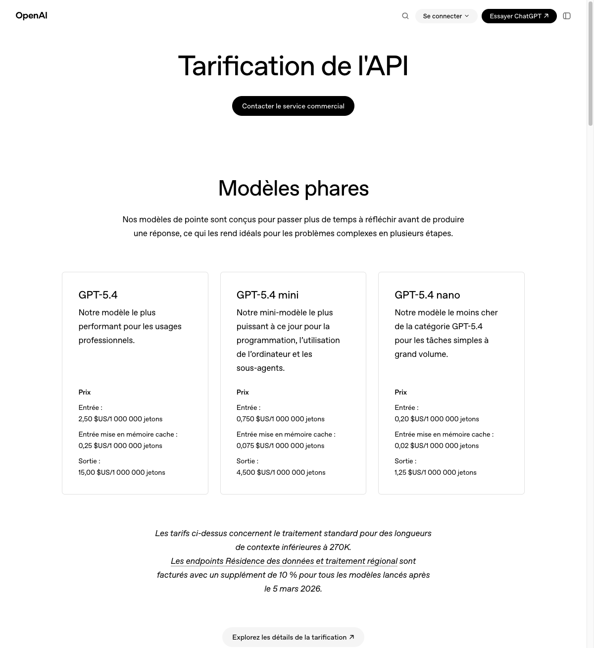 Capture publique de la page Tarification de l'API OpenAI en français