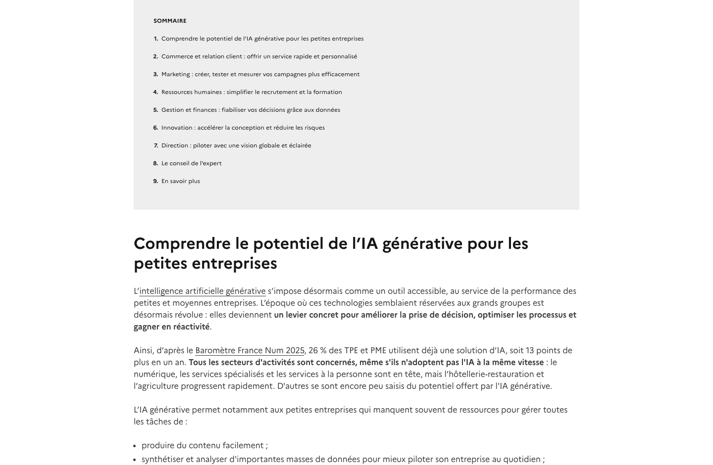 Capture publique d'une fiche France Num présentant des cas d'usage d'IA pour les fonctions commerce, marketing, ressources humaines, gestion, innovation et direction.