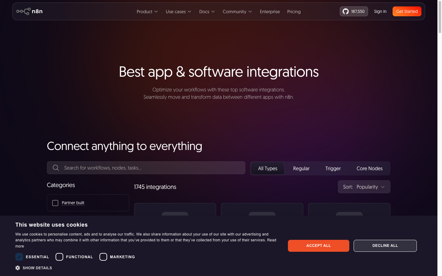 n8n — page des intégrations disponibles sur la plateforme