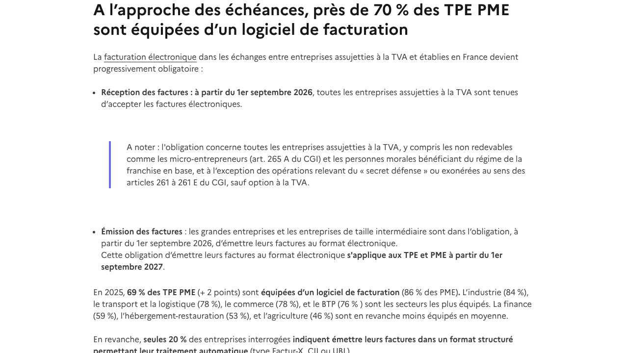 Capture publique de France Num rappelant les échéances de facturation électronique et le taux d'équipement logiciel des TPE PME.
