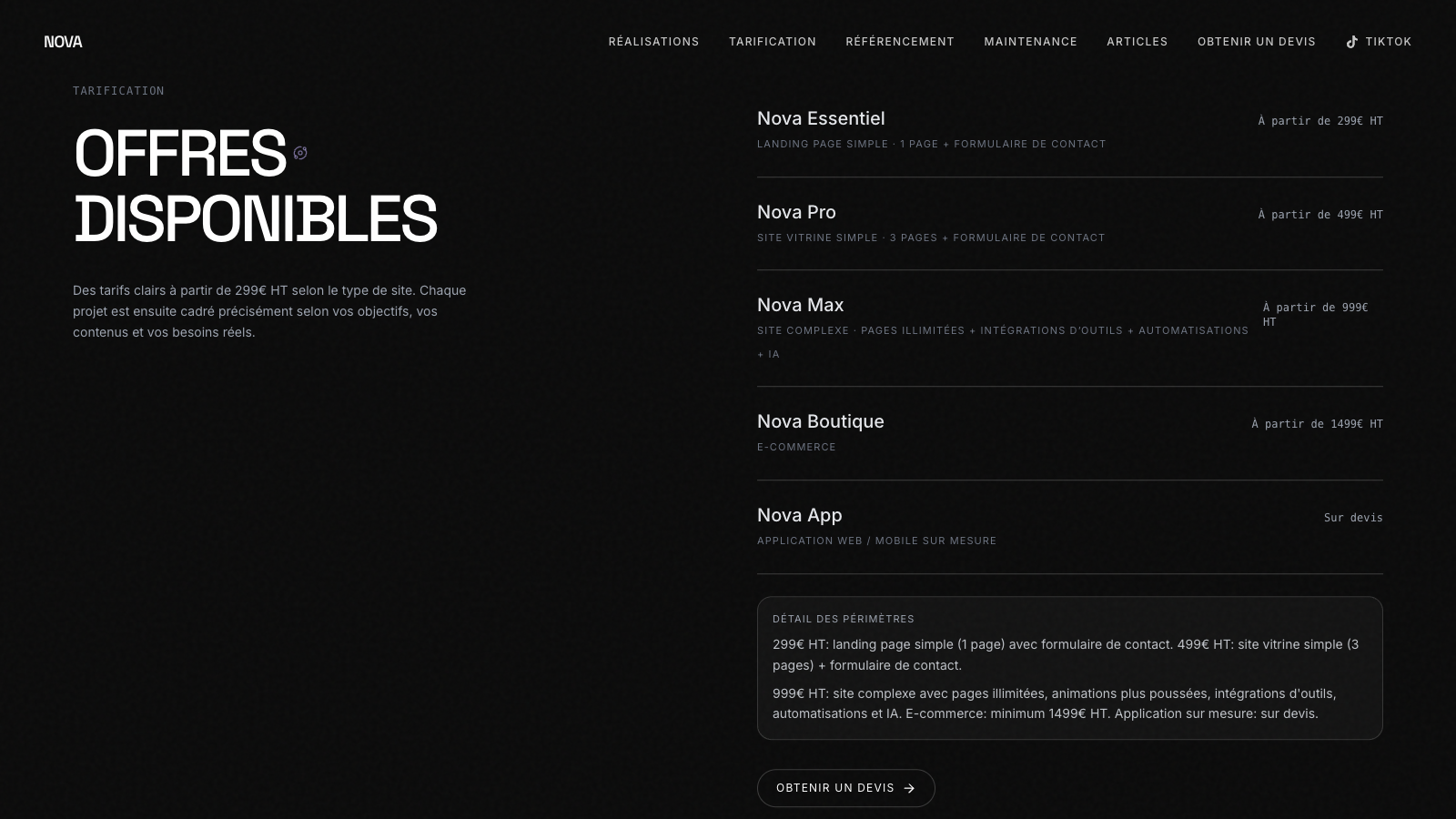 Capture publique de la section tarification de Studio Nova a Poitiers