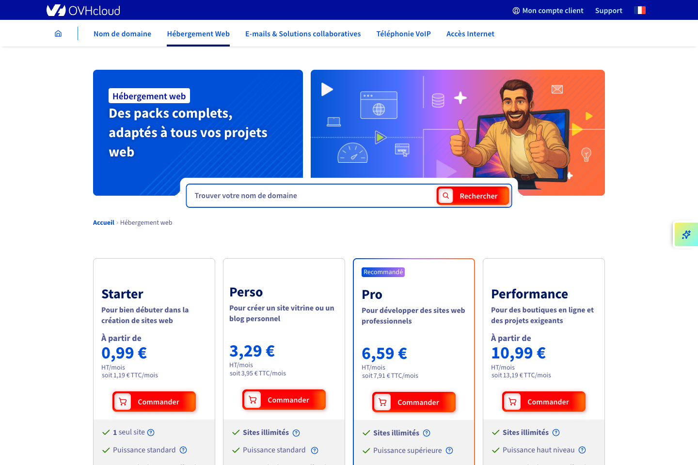 Capture publique de la page OVHcloud Hébergement Web (tarifs)