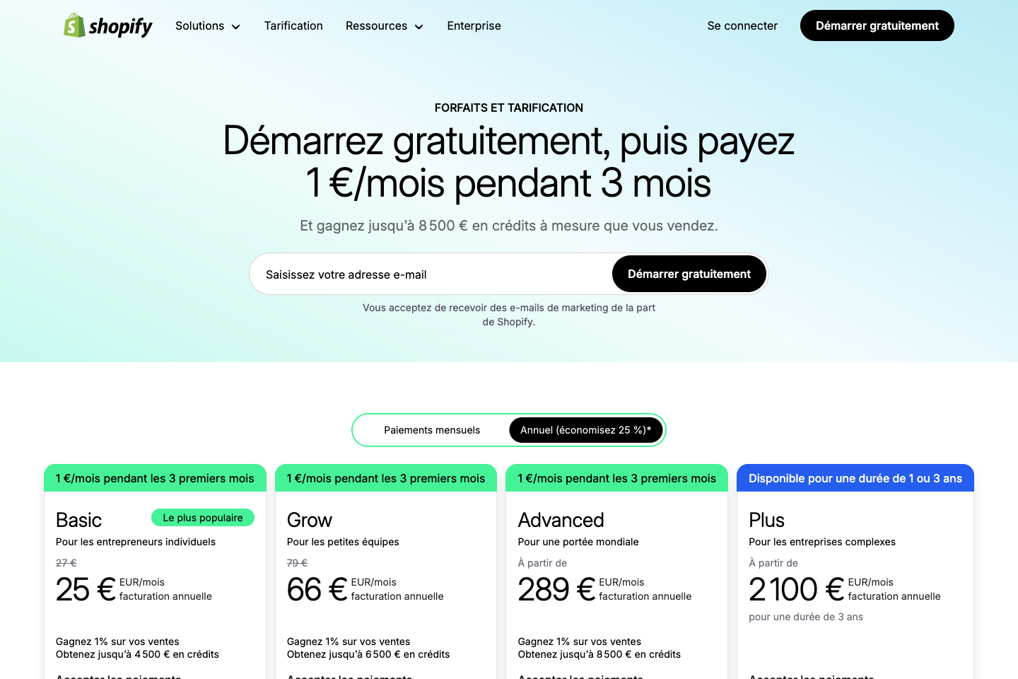 Capture publique de la page Shopify Tarifs en français