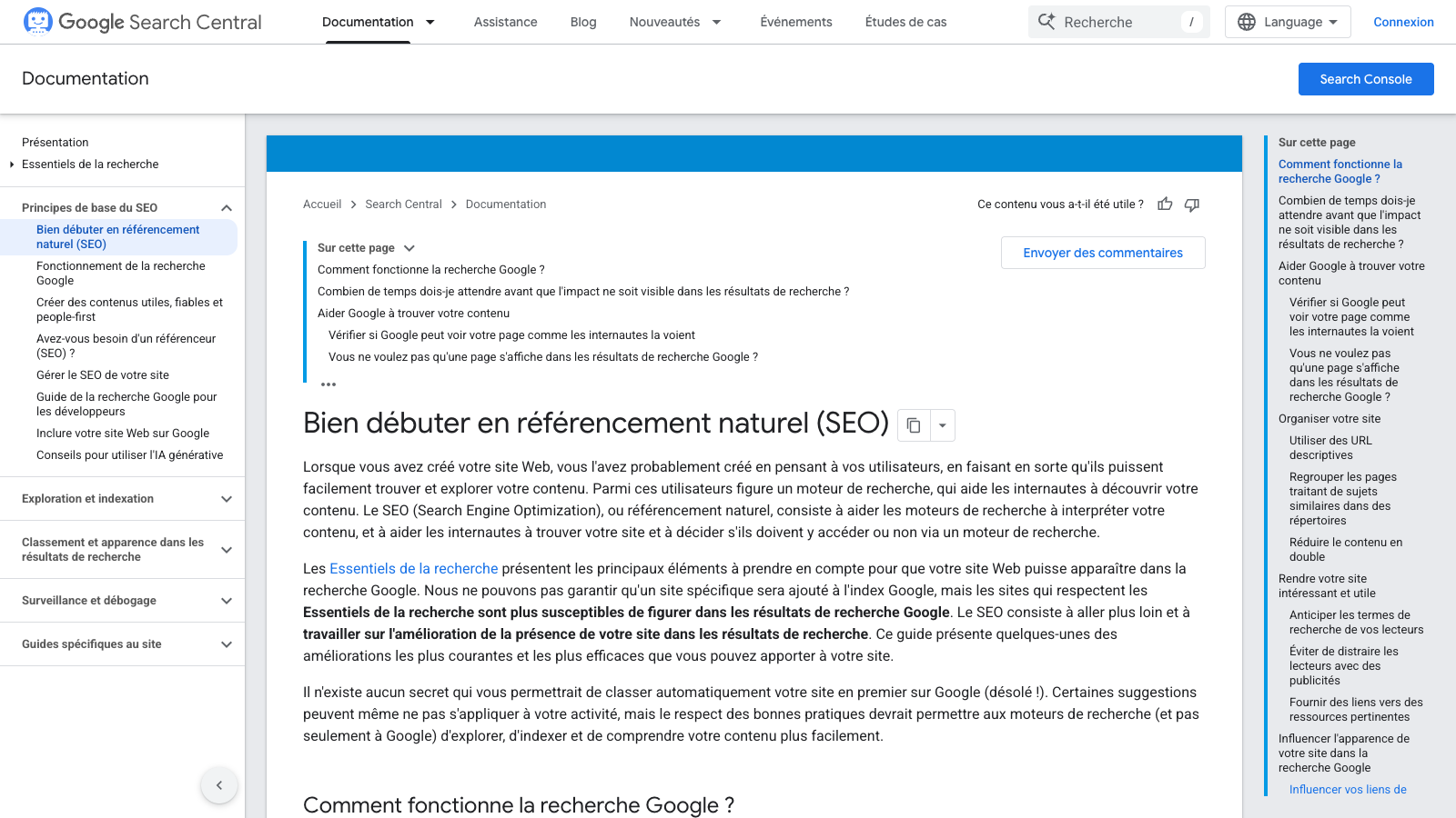 Capture publique du guide SEO de Google Search Central en français
