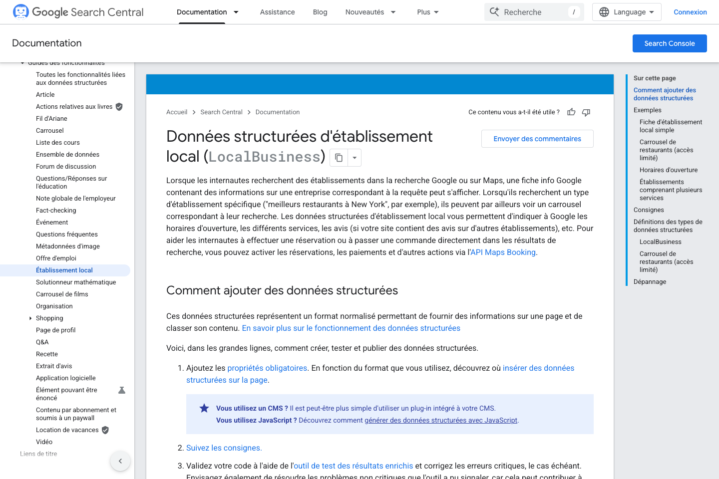 Capture publique de la documentation Google Search Central sur LocalBusiness