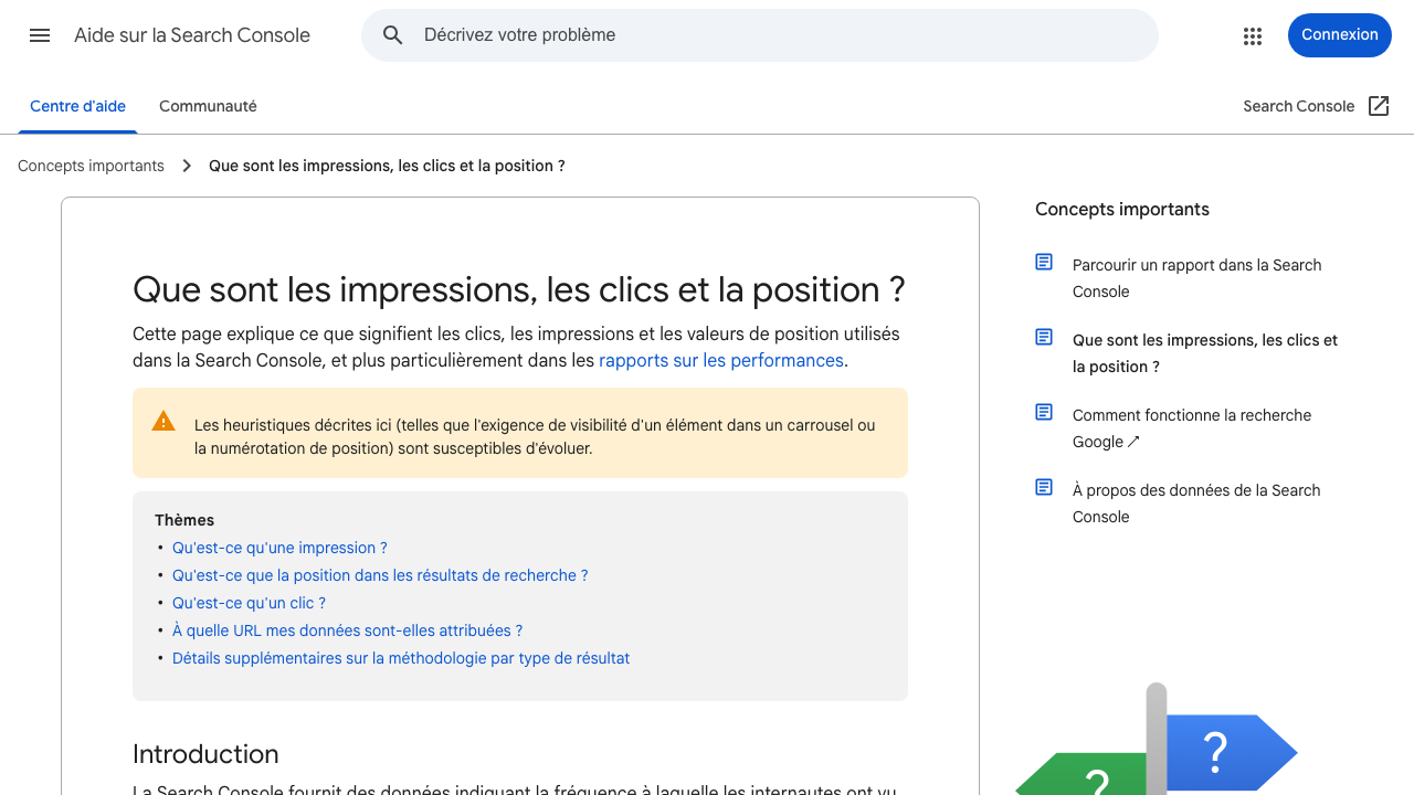 Capture publique de l'aide Google Search Console sur les impressions, clics et position