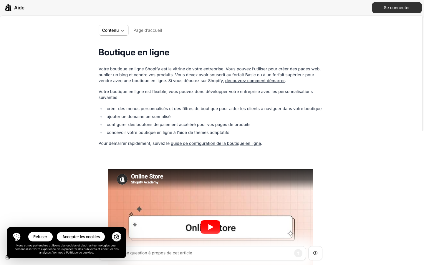 Capture de la page d'aide Shopify sur la création d'une boutique en ligne