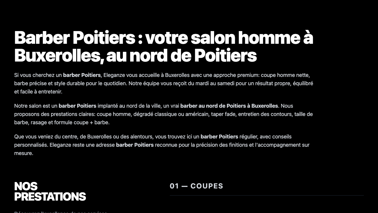 Accueil du site Barber Eleganze à Buxerolles, avec une promesse claire et un bouton de réservation visible.
