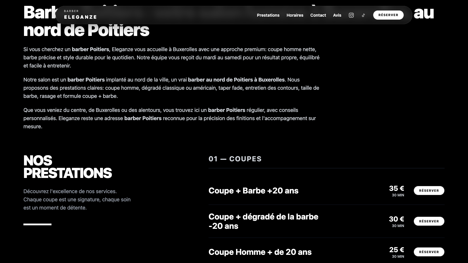 Section prestations du site Barber Eleganze avec réservation visible et liste de services.