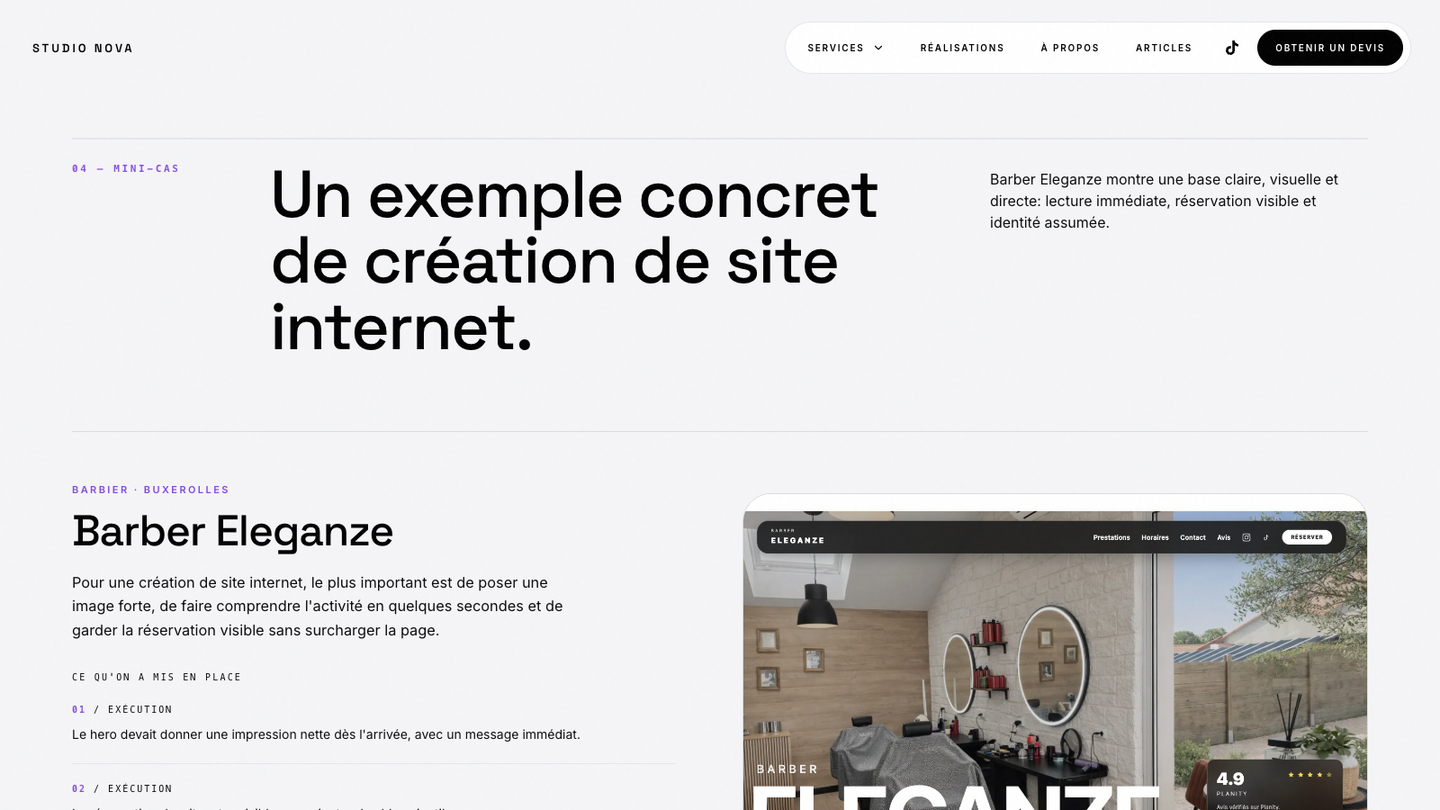 Mini-cas Barber Eleganze sur la page de création de site internet de Studio Nova.
