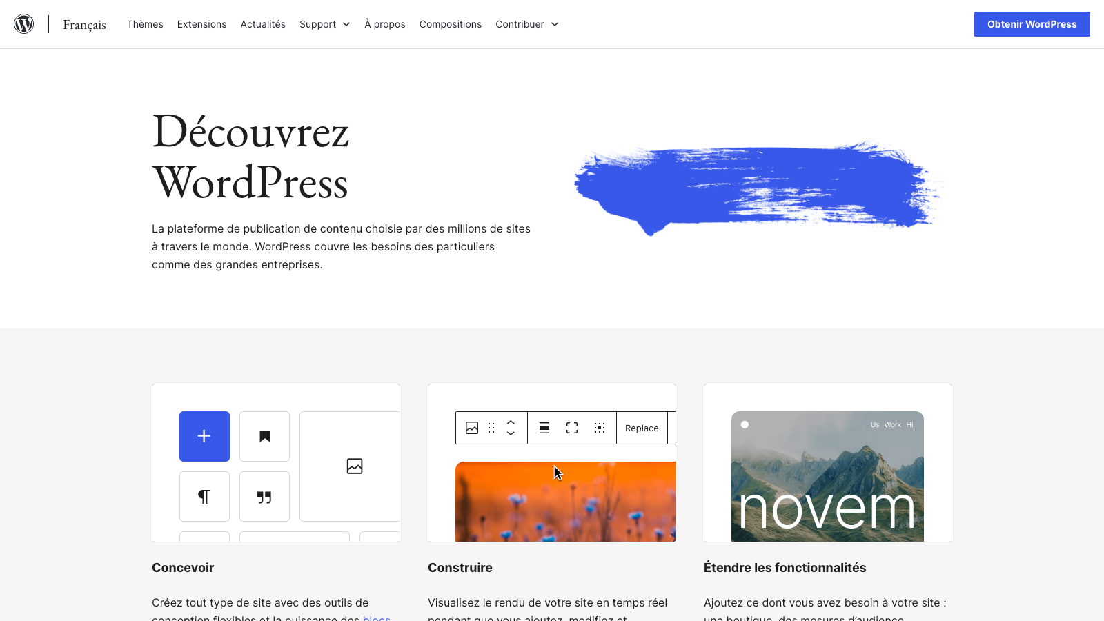 Capture publique de la page d'accueil WordPress.org en français