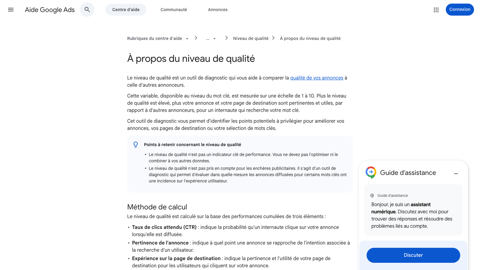 Capture publique de l'aide Google Ads sur l'expérience sur la page de destination