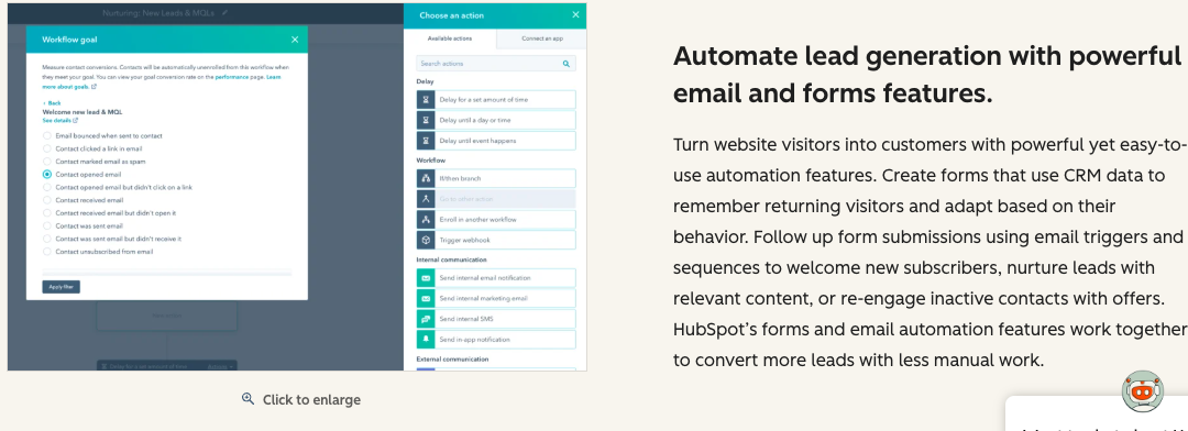 Capture publique de HubSpot montrant des options de workflow et un bloc expliquant comment relier formulaires, emails et automatisation.