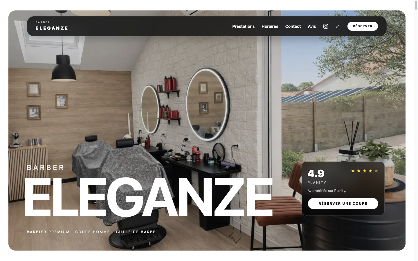 Hero du site Barber Eleganze avec une image forte, une navigation claire et un bouton de réservation visible.