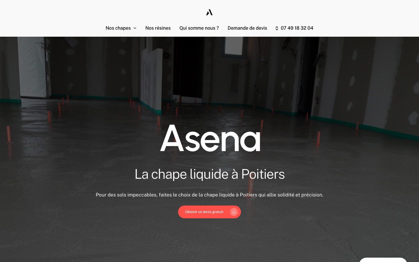 Vue propre du hero du site Chape Assena après refonte avec message métier clarifié et CTA devis visible.