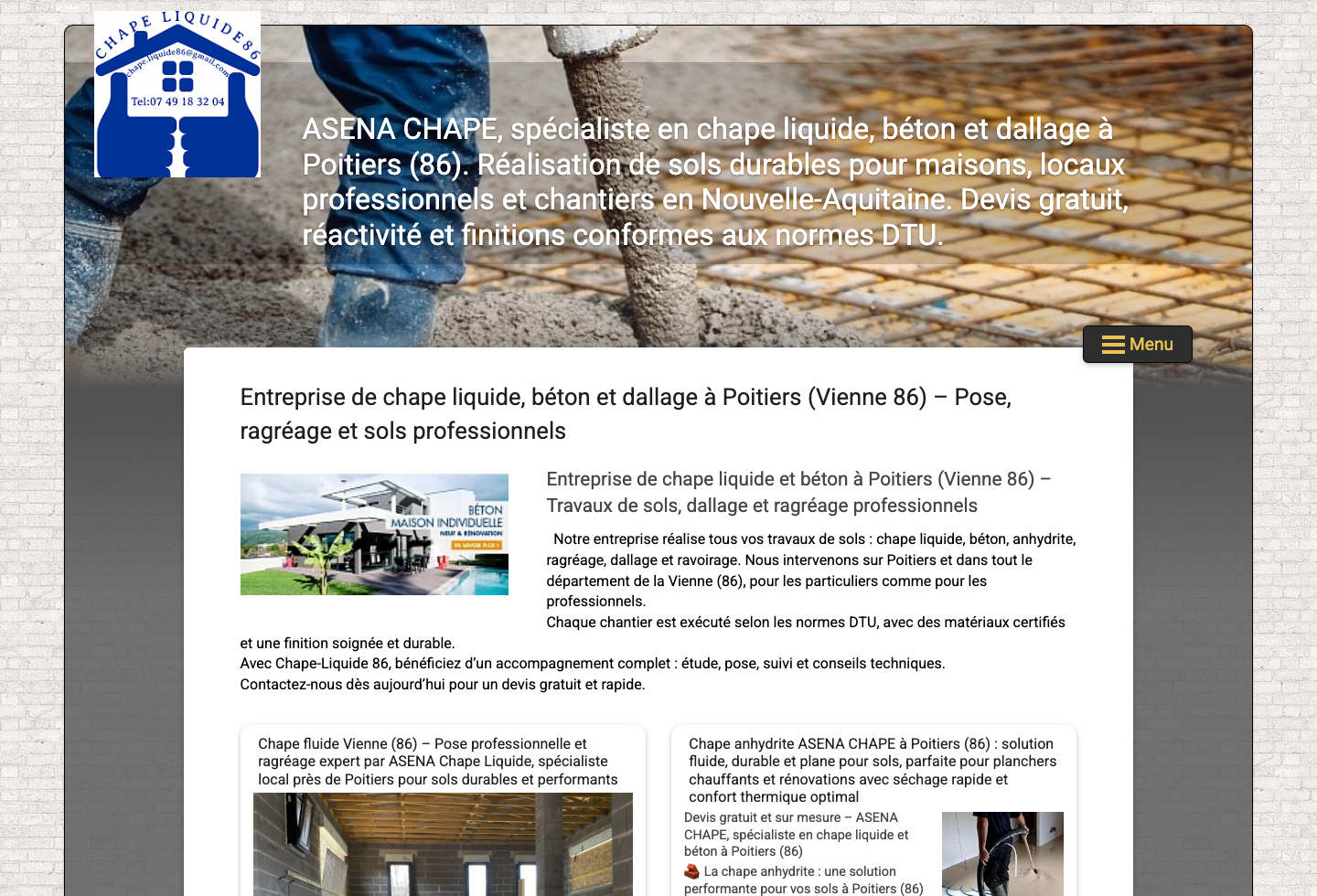 Accueil de l'ancien site Chape Assena avec une lecture chargée et une hiérarchie moins claire.