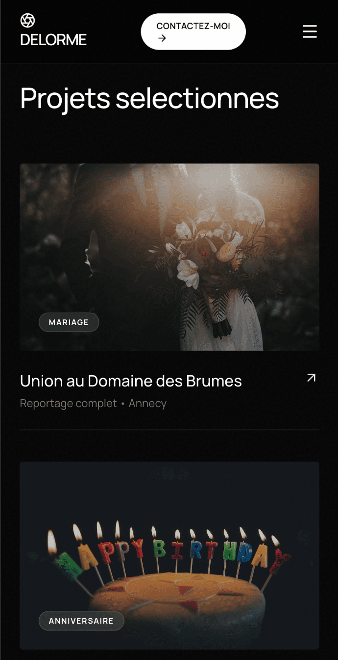 Interface mobile de projet web avec mise en page éditoriale claire