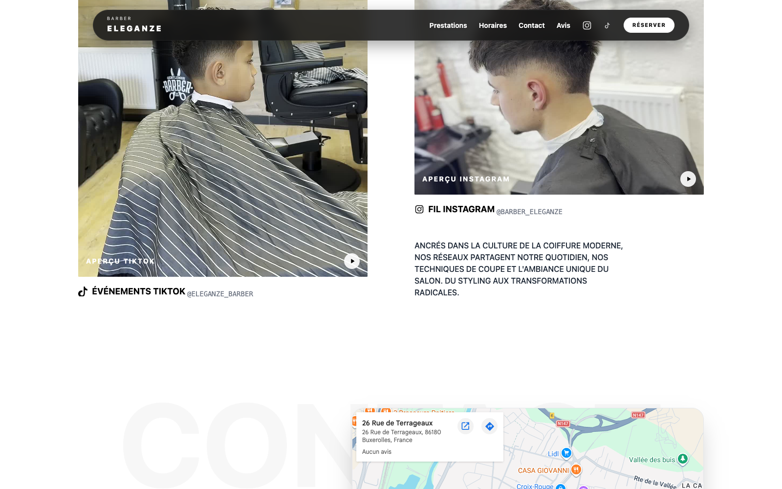 Section sociale du site Barber Eleganze avec extraits Instagram, informations locales et carte pour renforcer la confiance avant contact.
