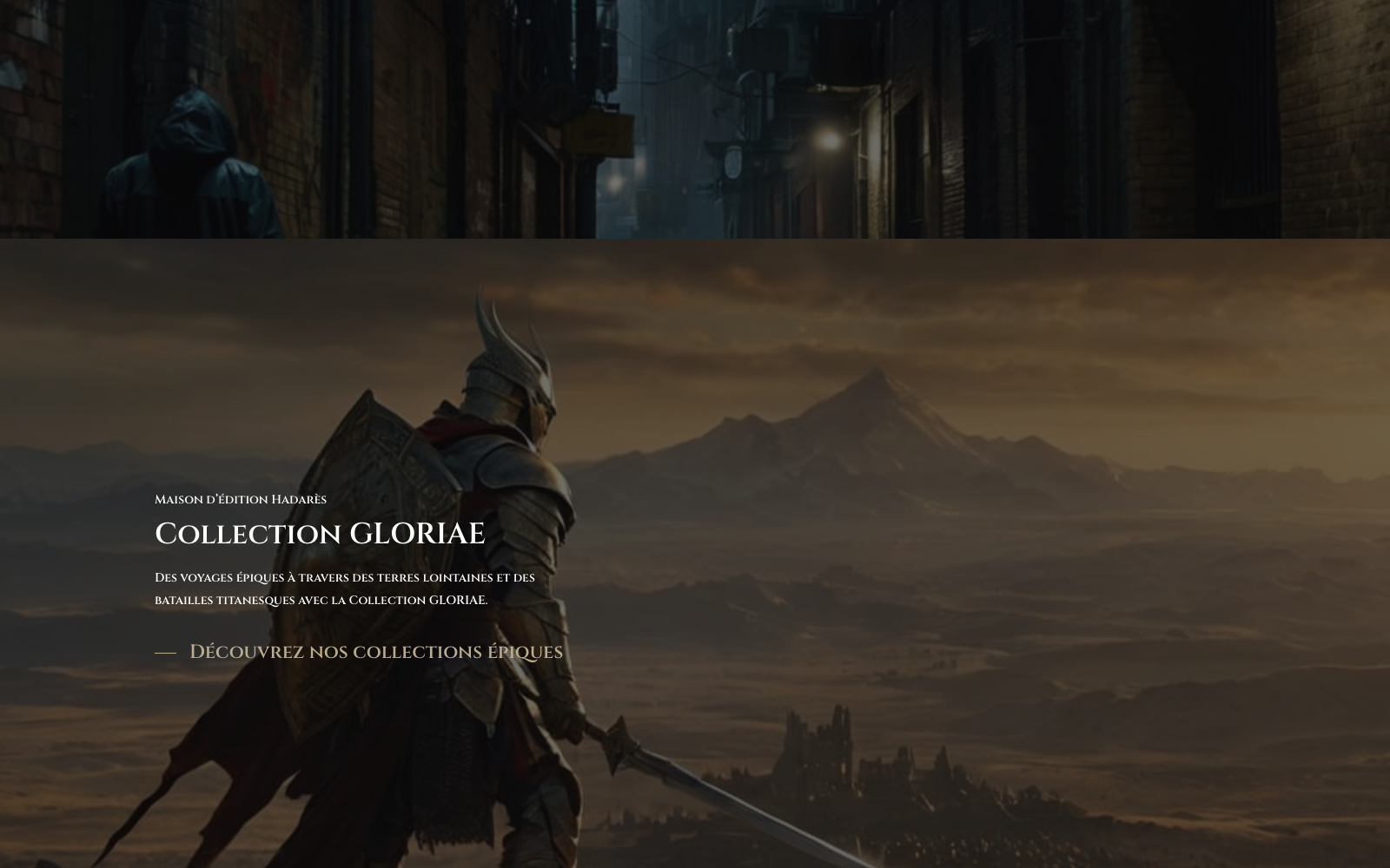 Section collection du site Hadares Éditions mettant en avant un univers fantasy et une entrée claire vers une famille d'ouvrages.