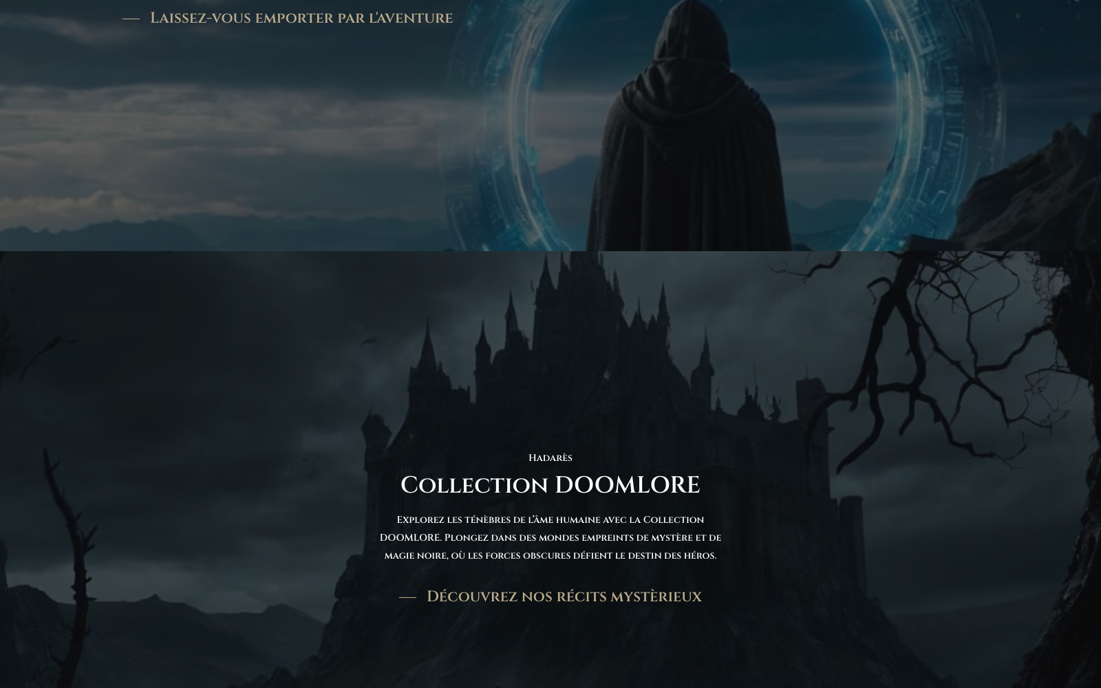 Section collection du site Hadares Éditions avec ambiance visuelle forte et lecture claire du contenu pour guider vers les livres.