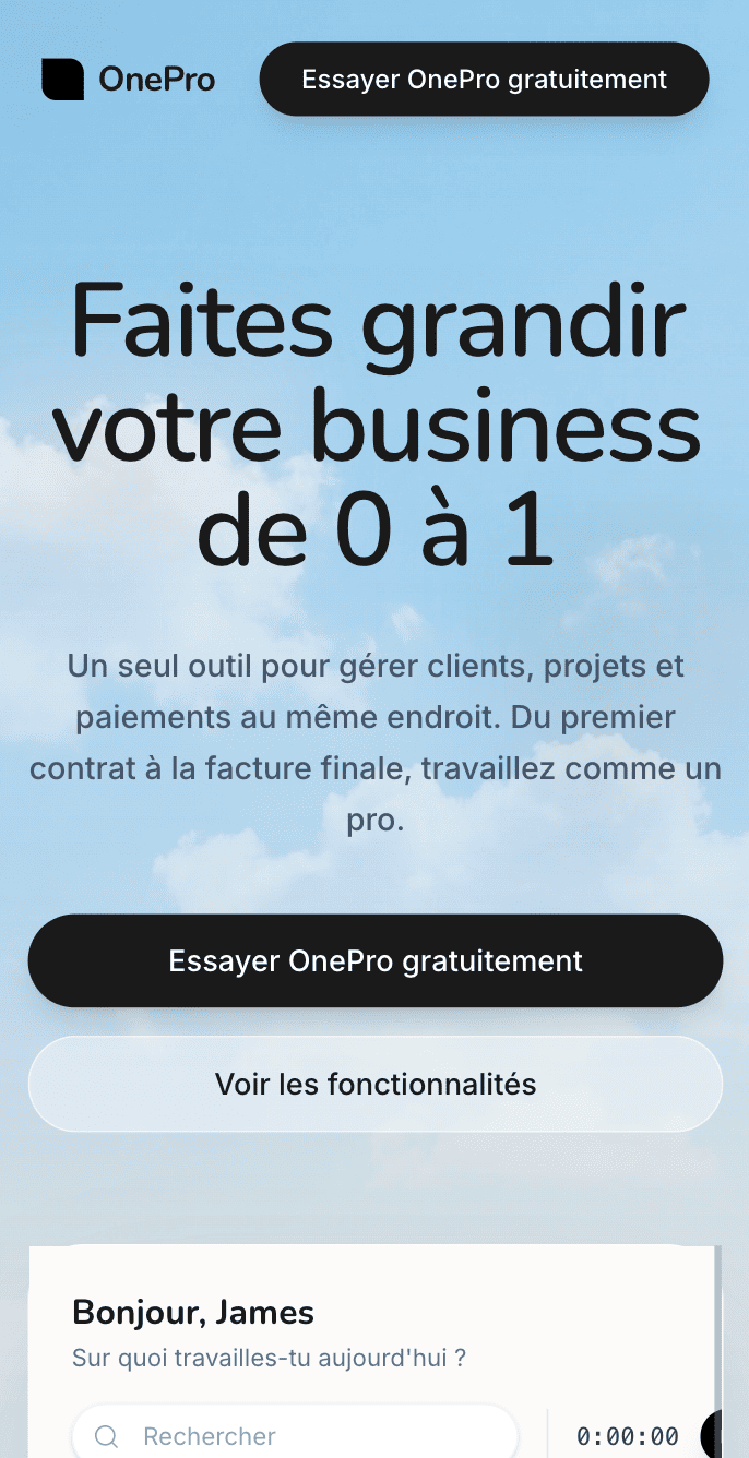 Écran mobile Studio Nova avec branding sombre, navigation simple et hiérarchie visuelle nette.